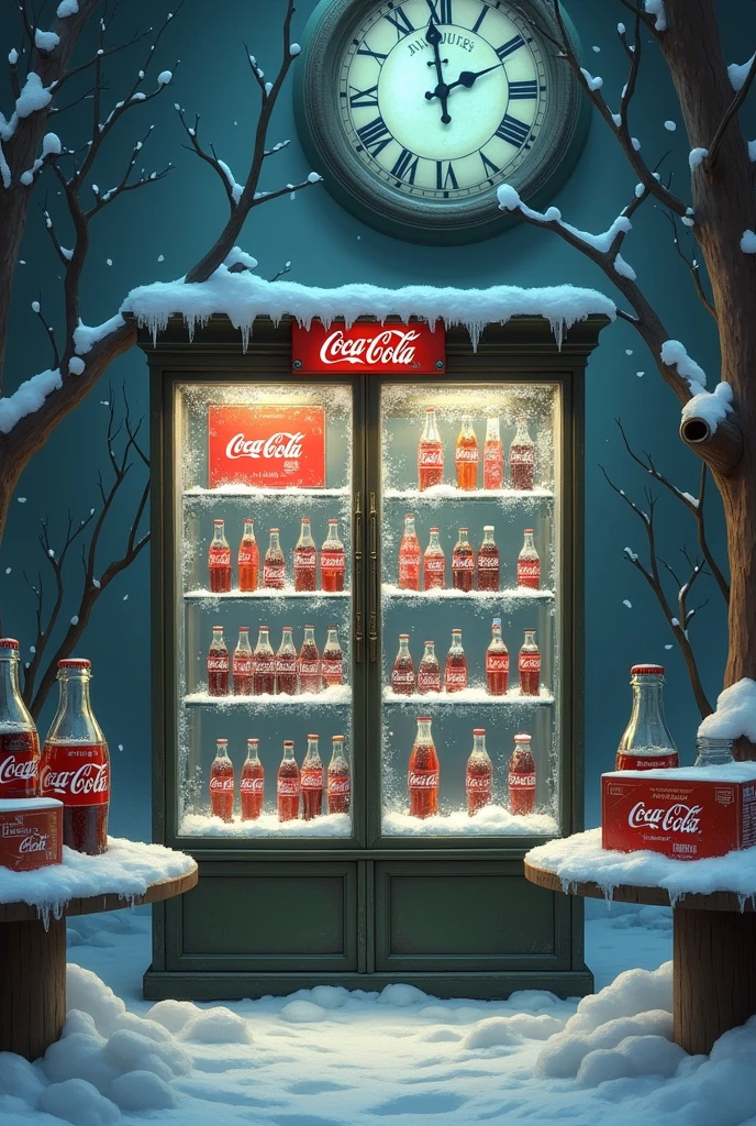 display case with ice around it and several Coca Cola bottles on tables, with old and new packaging all, and in the background a giant clock