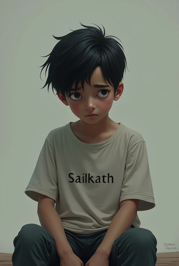 A boy alone in a sad pose wearing a cheek shirt With name Saikath wearing a shirt
