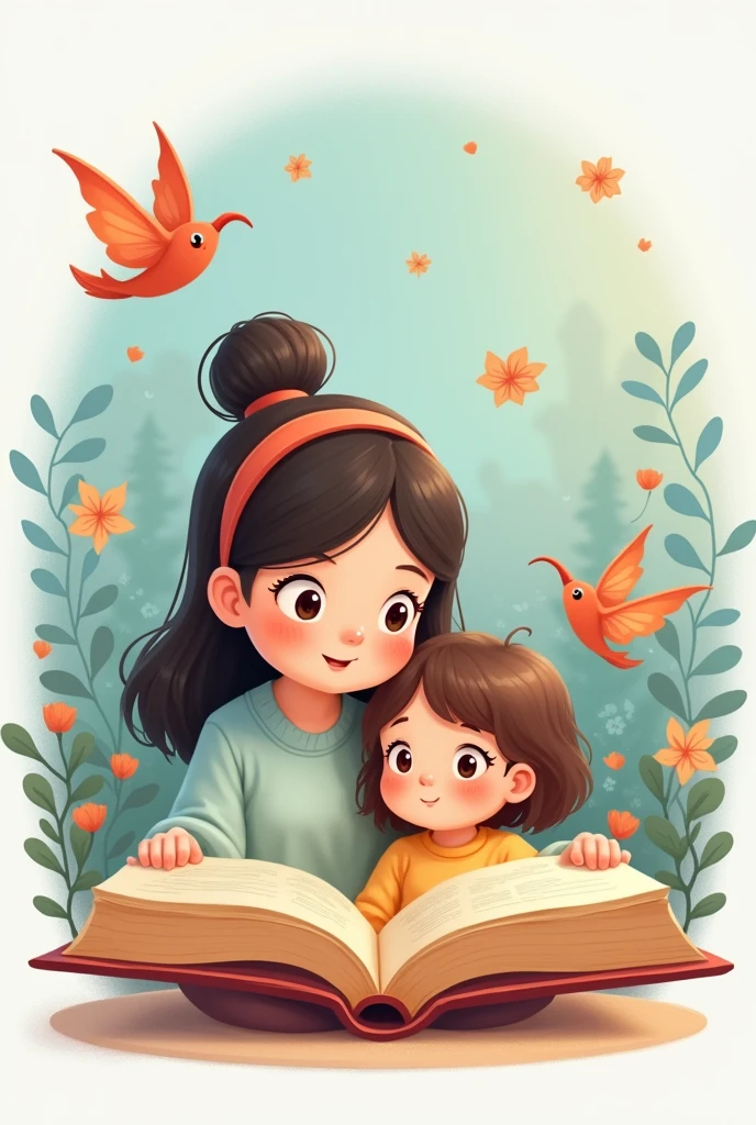 Creami un logo di un libro aperto da cui fuoriescono immagini di fiabe e fantasia e dietro al libro ci sono una mamma con la bambina di 5 anni (stile cartone per bimbi) (le persone devono essere il piu cute possibile, non devono far paura, e deve essere molto tipo cartone, senza foglie dietro, con più cose per bimbi molto fantastico