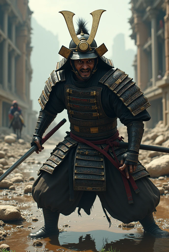 Absurd, High resolution, Super detailed, beautiful, masterpiece, Highest quality、水面に光がreflectionしている、reflection、Realな質感、Realistic、Real、Realistic、Blur、samurai、armor、Japanese sword、Fight、Combat Ready、anger、war、Broken Building、horse、inflammation、scratch、Focus on the face、battlefield、Sandbox、A little grass、