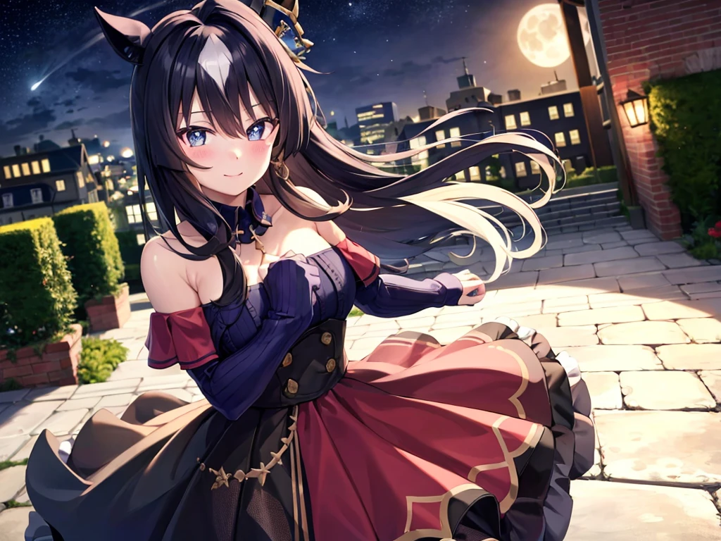Chest left of center、Sharpness、masterpiece, 8k wallpaper, best quality, 1People Women, Adult beauty、Moonlit Night, Light blue knitted dress, off_shoulder, smile, blush, looking at the viewer, Brick Road