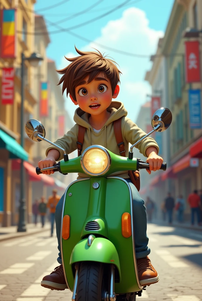 A boy with short brown hair DEVELOPING in the wind rides a green scooter in Kyiv