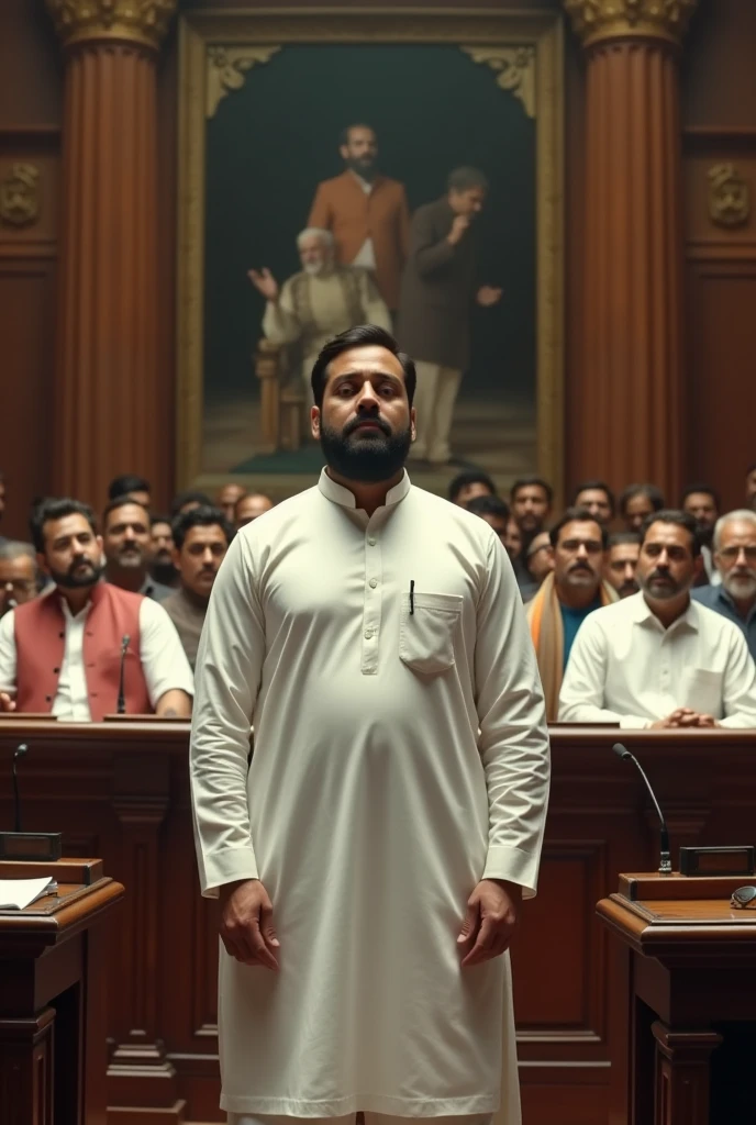 standing front position cirminal political leader who white kurta in parlement and opposition leaders sitting in parlement blaming bad accuse this political leader in hd photo