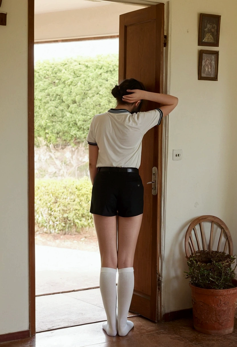 A female college student wearing black shorts and white socks is made to stand in front of the door of a house as punishment for impure heterosexual relations.、Hands are clasped behind the head、I&#39;m embarrassed