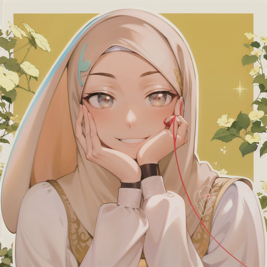 anime - style illustration of a woman with a veil and a red string, warm and gentle smile, serene smile, hijab, in anime style, shy smile, white hijab, in an anime style, slight smile expression, she is smiling, happy expression, high quality fanart, with index finger, smiling sweetly, friedly smile, anime style portrait, gentle smile