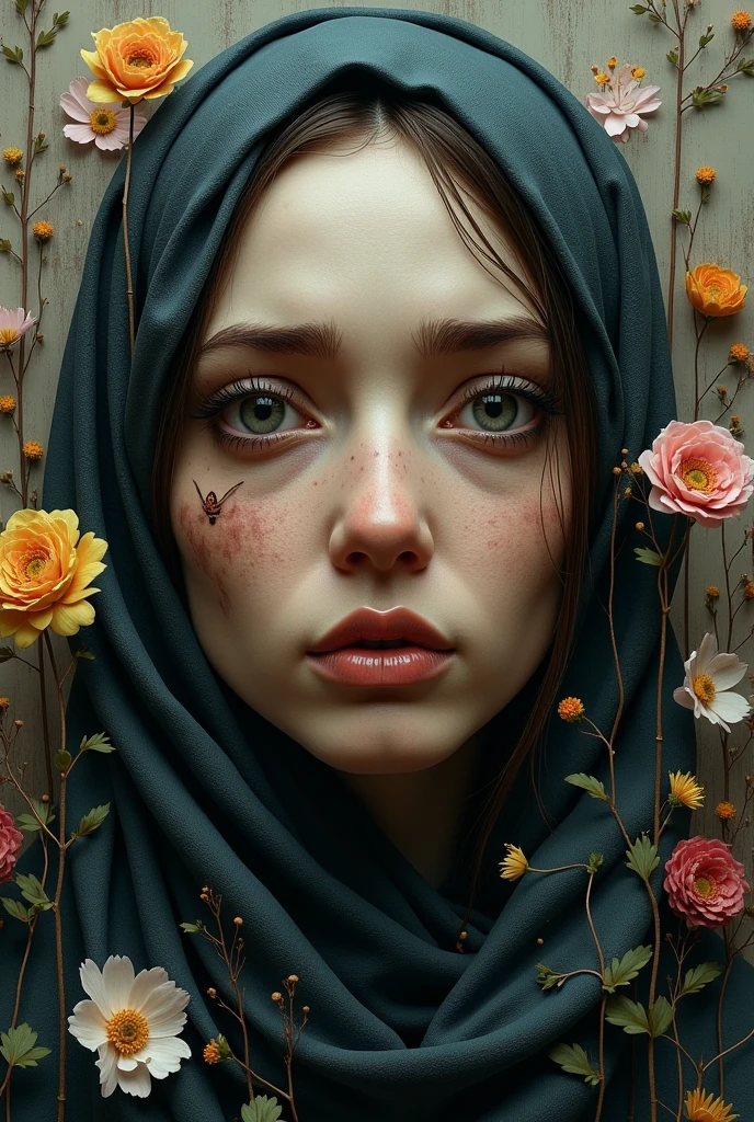 I am she who is trapped in a surreal painting where only my face is seen in 3D with feelings of sadness from many accumulated lives. A lot of depth of field highlights my face marked by other lives but the lighting varies. There is no specific one but the reality that is seen is impressive. Every detail is perfectly done. In these realities there are no flowers. . The message I want to convey is that there are other realities, very real, detailed 3D, of this reality with lies. , 48k uses the rule of thirds bright colors fantastic expression gothic