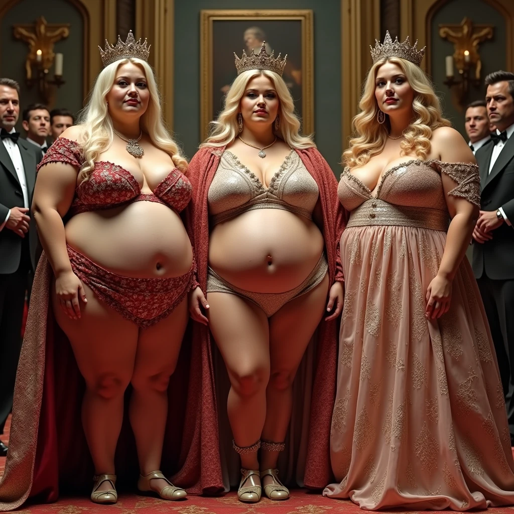 Three plus size model women with a lot of fat on their stomachs and buttocks weigh 200kg, they gained weight by eating too much, they are obese blonde haired American plus size models with very big buttocks, their buttocks are big and bulging and covered with a lot of fat, they are wearing the gorgeous costumes of queens and standing in front of the people in the castle, 4K quality