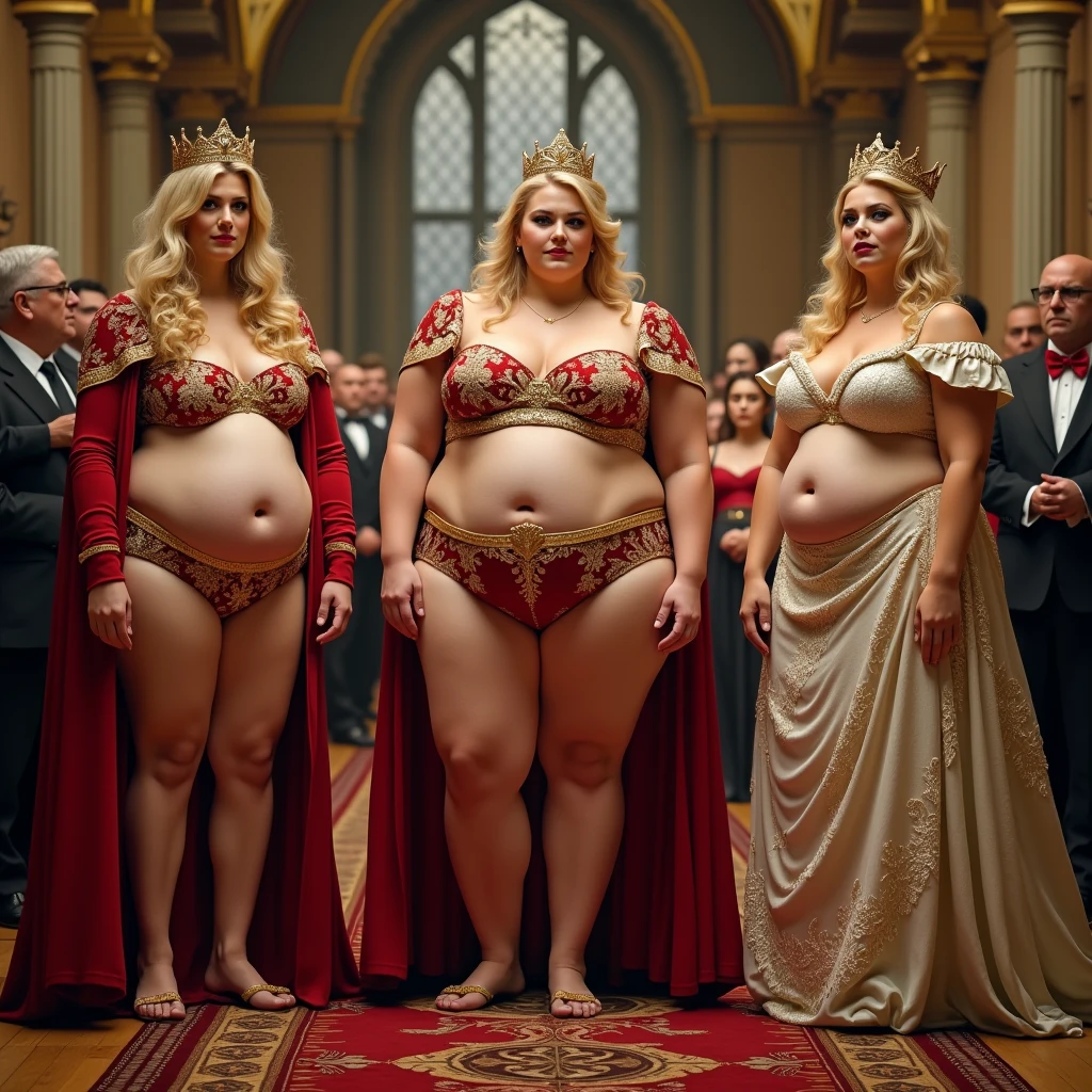 Three plus size model women with a lot of fat on their stomachs and buttocks weigh 200kg, they gained weight by eating too much, they are obese blonde haired American plus size models with very big buttocks, their buttocks are big and bulging and covered with a lot of fat, they are wearing the gorgeous costumes of queens and standing in front of the people in the castle, 4K quality
