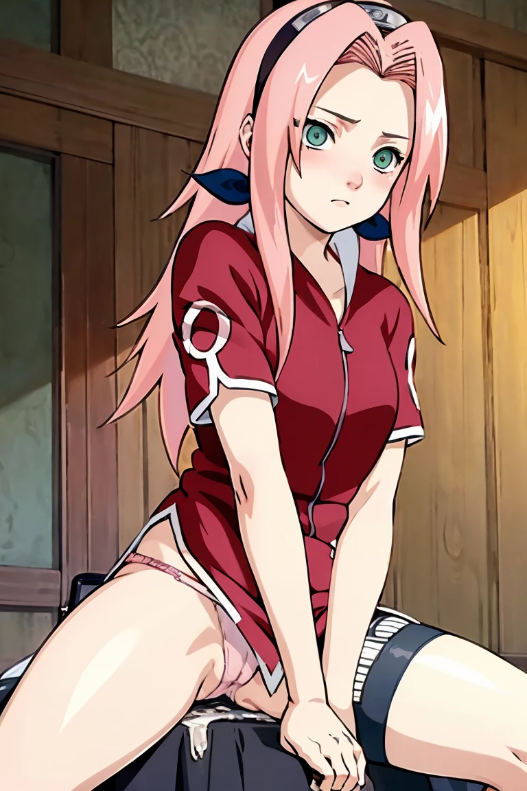 work of art, best qualityer, 1 girl,haruno sakura, pink hair, long hair, greeneyes, manga curta, ((lowering her panties to show her pussy)), blushed face,