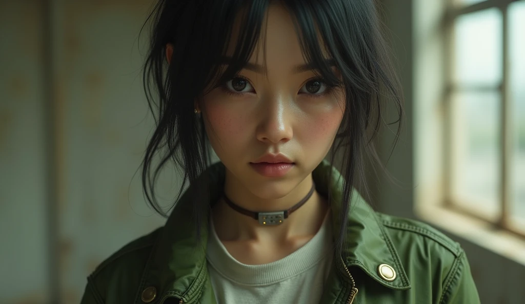 A close-up of a young Asian woman wearing a green jacket and a white shirt., Styling for Fallout 4, female main character, diesel punk woman, female character, screenshot of 'Fallout 4', supermodel on silent hill, wearing green jacket, failed style, in the nuclear wasteland, screenshot of Fallout 4, solo female character, Wear apocalyptic clothing, wearing a dirty and torn flight suit