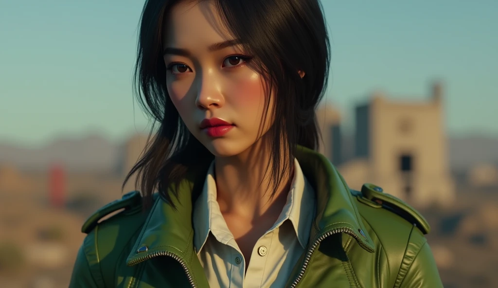 A close-up of a young Asian woman wearing a green jacket and a white shirt., Styling for Fallout 4, female main character, diesel punk woman, female character, screenshot of 'Fallout 4', supermodel on silent hill, wearing green jacket, failed style, in the nuclear wasteland, screenshot of Fallout 4, solo female character, Wear apocalyptic clothing, wearing a dirty and torn flight suit