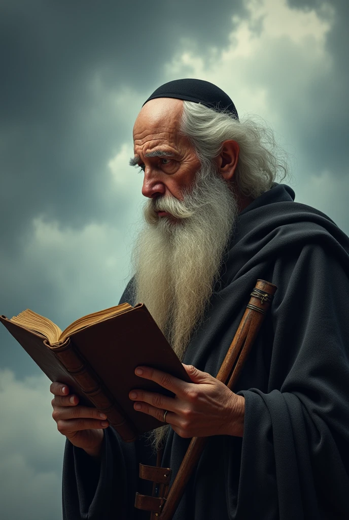 Rabbi Loew, with a worried look, holding a holy book. The sky may be cloudy, symbolizing the tension between creation and responsibility.