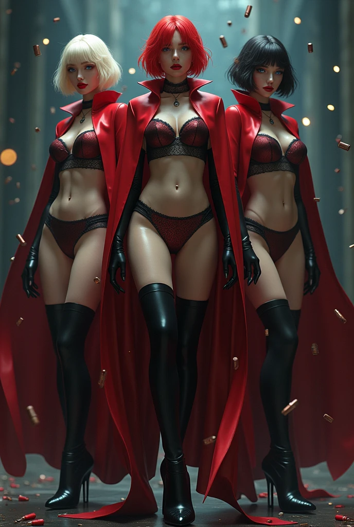 Tres sexys indestructibles  invulnerables dark ,   blonde and  red short haircut blue eyes vampire gothic girls with big boobs big butts lencería musculosas altas  stockings red cape  high heels arms on hips mientras les disparan miles de balas rebotando en sus cuerpos indestructibles 