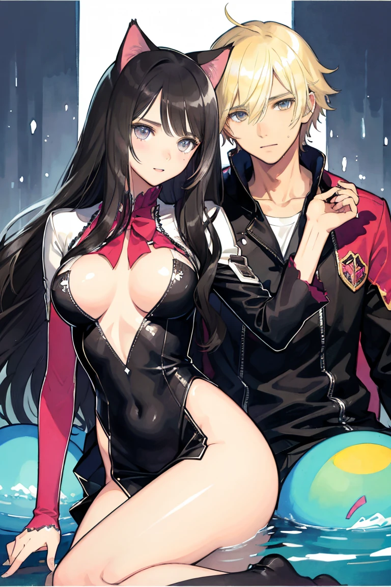 man and woman, couple, love, mature, a cat woman, she has freckles, she has dark brown eyes and an upturned nose, she is happy and smiling, she has long wavy hair, black hair, she is wearing aviator sunglasses with clear lenses in a soft watercolor style. The girl's clothes must be pink, purple, and blue in celebration of the bisexual, with stains of ink and watercolor mixing and filling the scene. he has blonde hair, he is handsome, he is slim. There should be a subtle, nuanced change in colors using the impasto technique with gouache paint. There should be a light rain in the watercolor painting with a little watercolor paper texture and a pastel background.