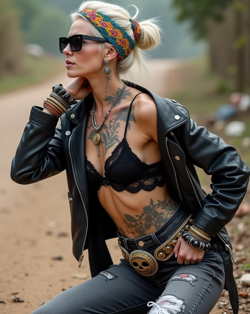russian old milf woman, blonde platinum hair (bougfant, top bun) and oversized square sunglasses and wide colourful bandana as headband), with very light green eyes, extremely pale. No tan. Wearing aged black moto jacket (zippers on the side, and round plastic badges on collar). Black lace push up bra and visible thong straps,, dark skinny low rise grey jeans with holes on knees ( patched with colourful fabric). White tennis sneakers. Lots of thick wide studded bracelets, chain collars and big rings. Tacky wide studded leather belt with big skull and bones oval buckle. Long earrings with chains and feathers. Kneeling on the ground, stretching her neck.. Hands touching her hair, Toned abdominals, thin neck, slim legs and thin arms. Narrow hips. Heavily tattooed in colour on chest, hands, neck and arms. Dirt road in Nairobi, shirtless men behing. Garbage and waste on the ground.