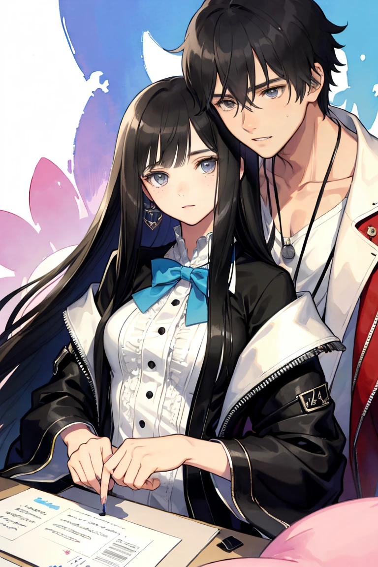 man and woman, couple, love, mature, a cat woman, she has freckles, she has dark brown eyes and an upturned nose, she is happy and smiling, she has long wavy hair, black hair, she is wearing aviator sunglasses with clear lenses in a soft watercolor style. The girl's clothes must be pink, purple, and blue in celebration of the bisexual, with stains of ink and watercolor mixing and filling the scene. he has blonde hair, he is handsome, he is slim. There should be a subtle, nuanced change in colors using the impasto technique with gouache paint. There should be a light rain in the watercolor painting with a little watercolor paper texture and a pastel background.