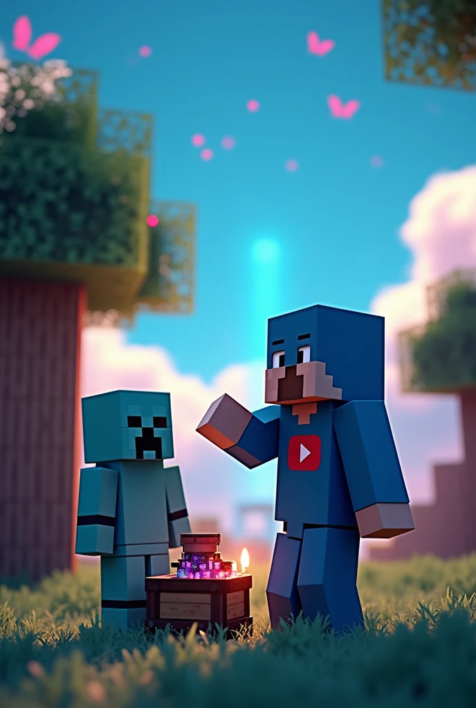 Create a picture in a beautiful Minecraft world with the shader Complementary.exe where on the right there is a blue skin with a YouTube symbol pointing to a totem on the ground and on the left there is a creeper that is between the loot a = Sign is without trees