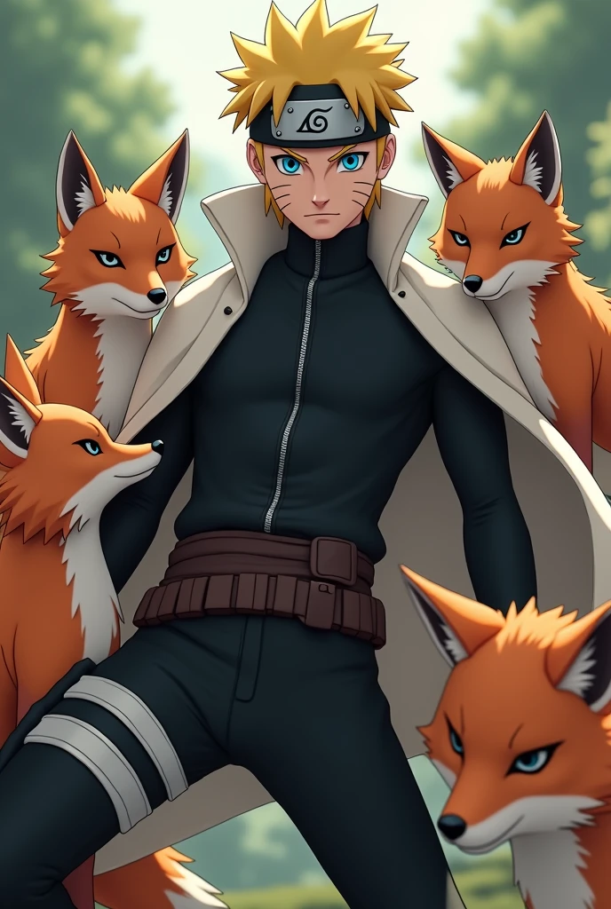 (photorealism:1.2), Naruto Uzumaki ,with foxes ,bright blue eyes and black outfit and white cape
