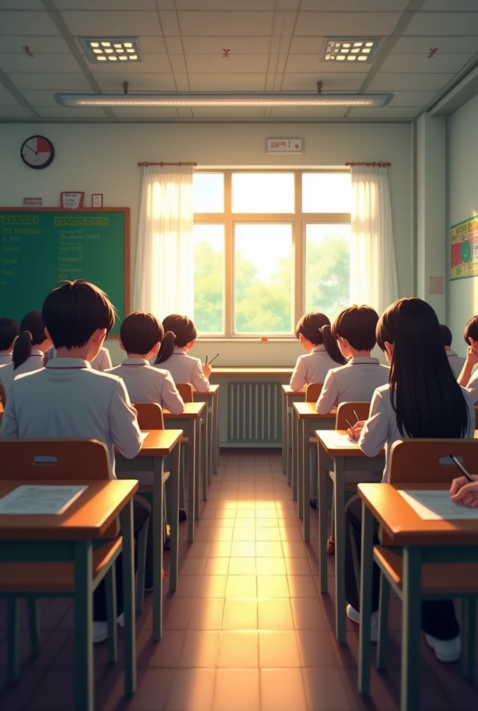 Examination classroom,Students sit at desks with their backs to the camera and answer questions seriously