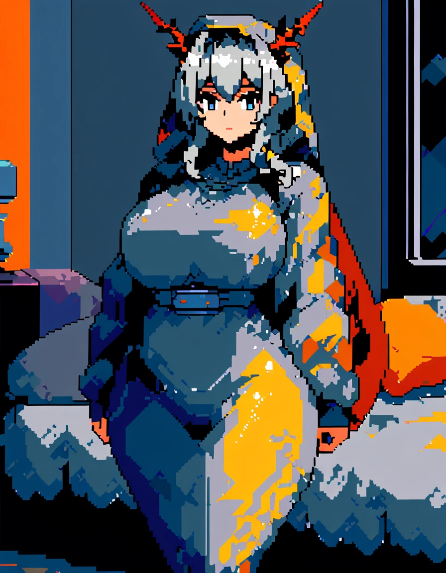 Talulah(Arknights),grey hair,dragon horn,curvy body,fit figure, oversized headscarf,wearing oversized clothes(Muslim attire),bedroom, night setting, blackout hour,close view,very nsfw, uncensored,((pixel art style)),
