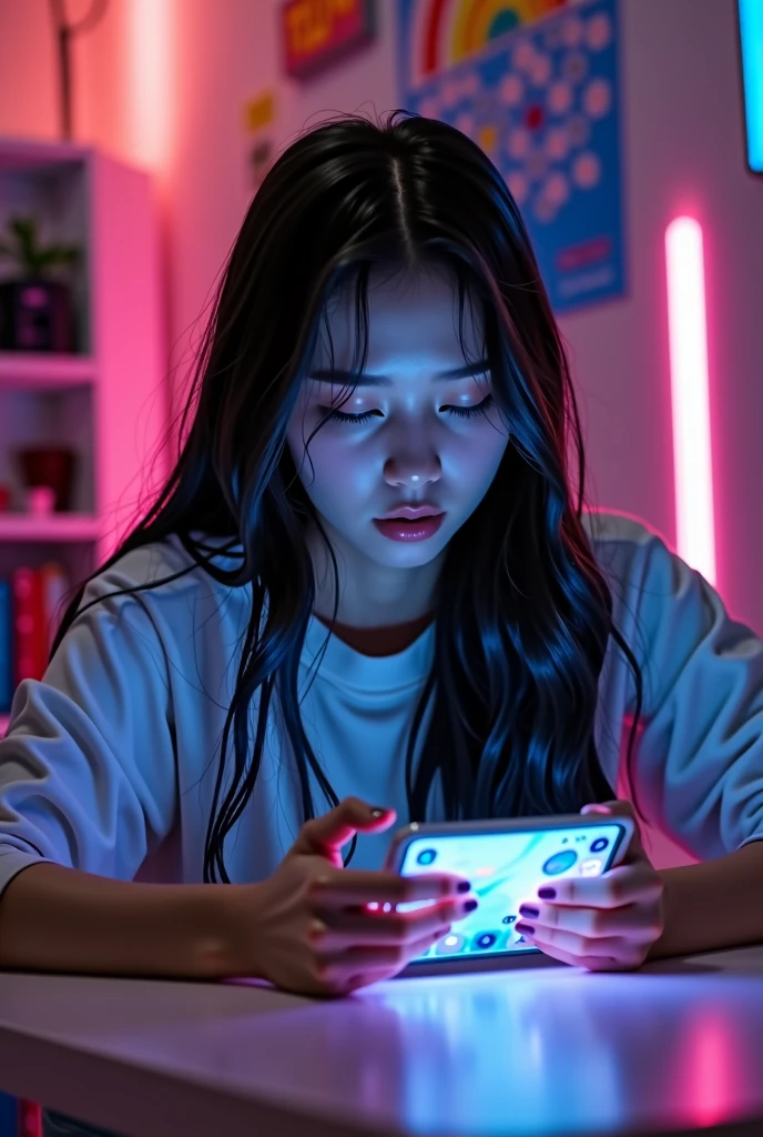 A beautiful Vietnamese girl is playing a mobile game on a table decorated in a gaming style, viewed from the bottom up.