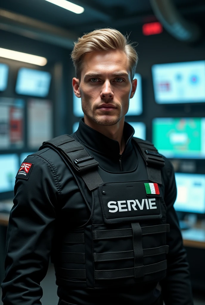 blonde man, Honey eyes, in a political agency, dressed in black uniform and a bulletproof vest, from the agency (It is an anti-narcotics agency and has the name of (National Anti-Drug Department) and the little flag of Italy. Attractive man, and behind him several very advanced technological devices with holograms