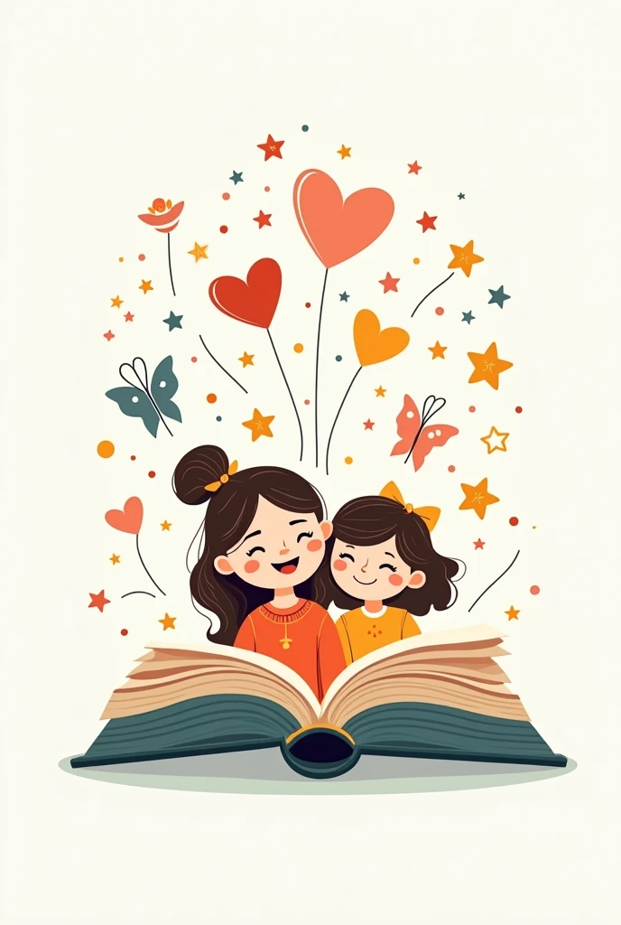 Creami un logo di un libro aperto da cui fuoriescono immagini di fiabe e fantasia e dietro al libro ci sono una mamma con la bambina di 5 anni (stile cartone per bimbi) (le persone devono essere il piu cute possibile, non devono far paura, e deve essere molto tipo cartone, senza foglie dietro, con più cose per bimbi che ci fanno pensare alle favole