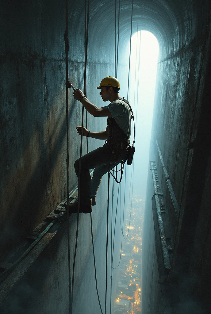 The worker  is painting in chimney 