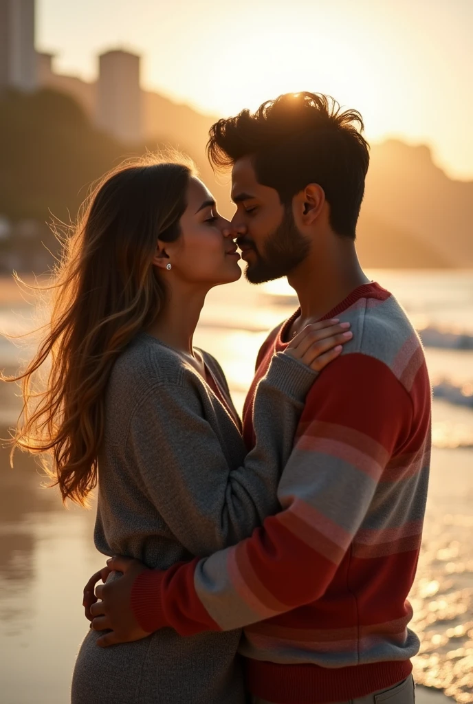 A girl with long light brown hair, wearing a striped long sleeve sweater, the blouse is gray with red stripes.
She is kissing an Indian boy, with short black hair, the boy and they are on a beach in Rio de Janeiro