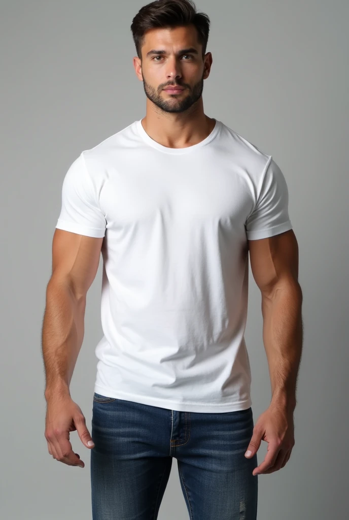 handsome man, standing straight facing forward, with white t-shirt, denim jeans pants, on a grey background, cotton t-shirt texture, fitted t-shirt, round neck, striped tights. Medium camera shot.