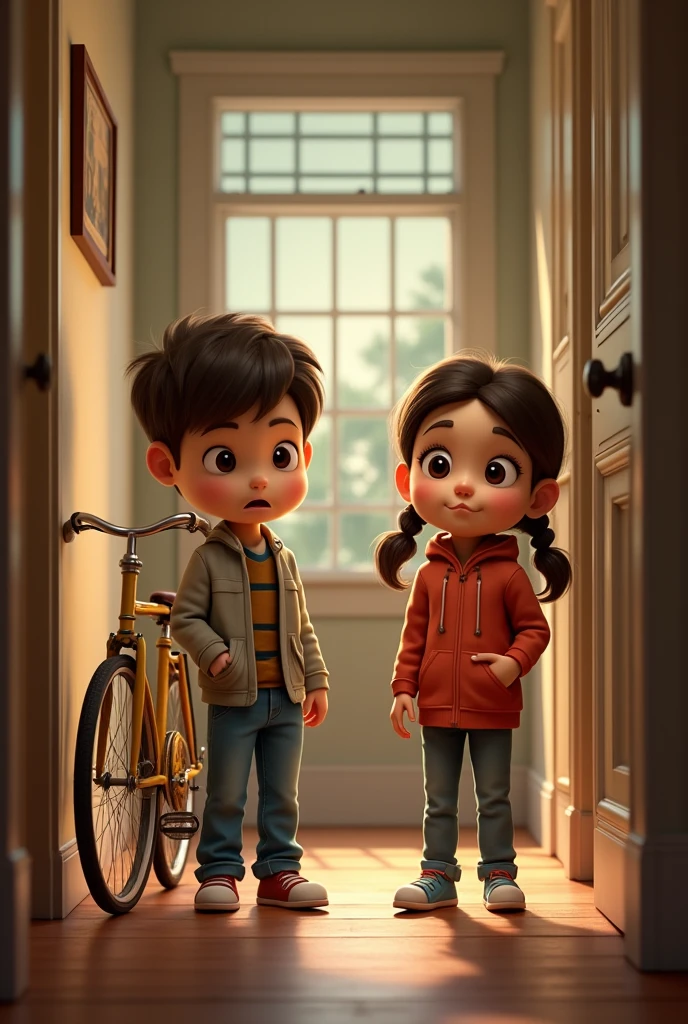 Max and Mimi standing next to a vintage bicycle in the hallway, Max looking determined, and Mimi excited.