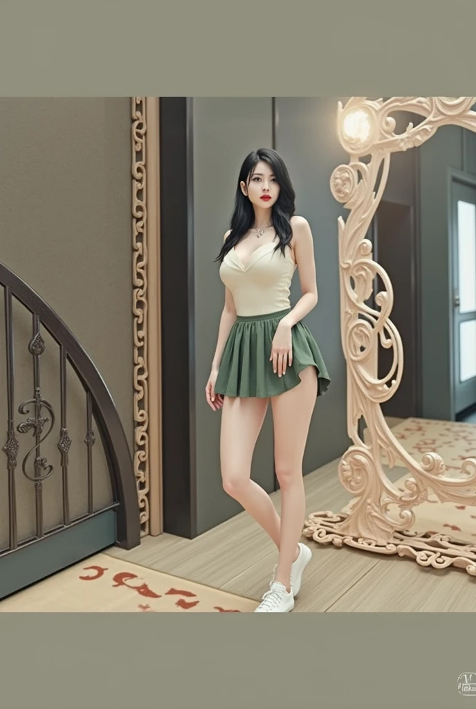 black hair girl, big breasts, poses with skin in a skirt,
