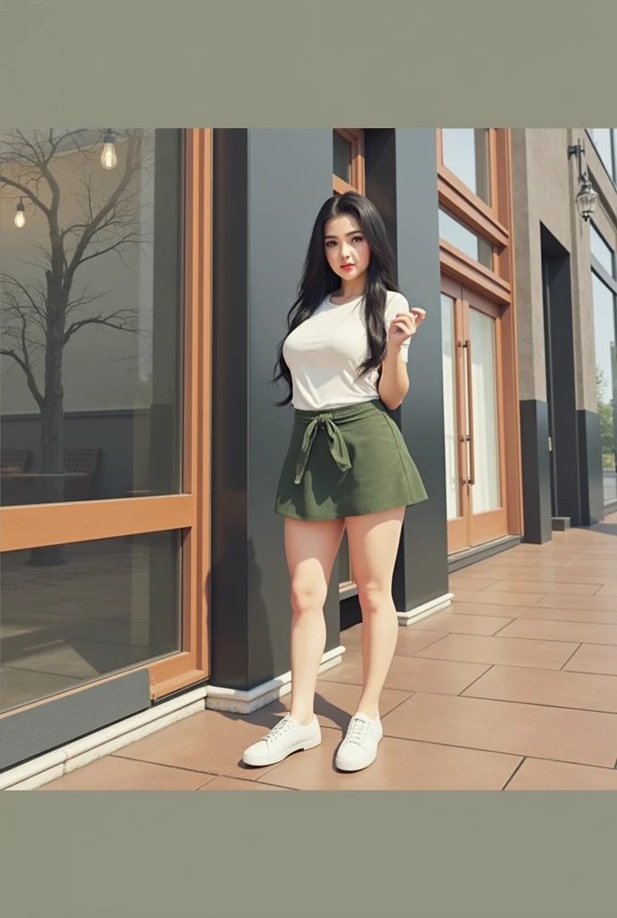 black hair girl, big breasts, poses with skin in a skirt,