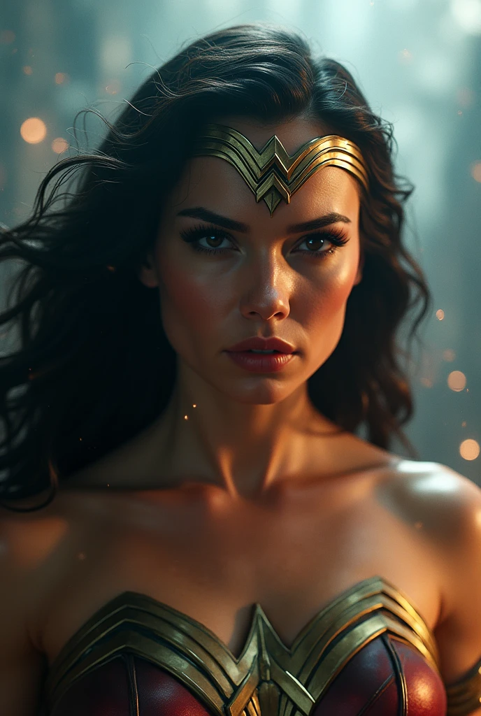 Scene from Movie, Wonder Woman from DC Close-Up, Distorted Space, Distorted Undead in the Background, Lens Flares, Light Shafts, Intricate Details, High Detailed, Volumetric Lighting, 4k Rendering, Stock Photo, Hyper-Realistic, Realistic Textures, Dramatic Lighting, Unreal Engine