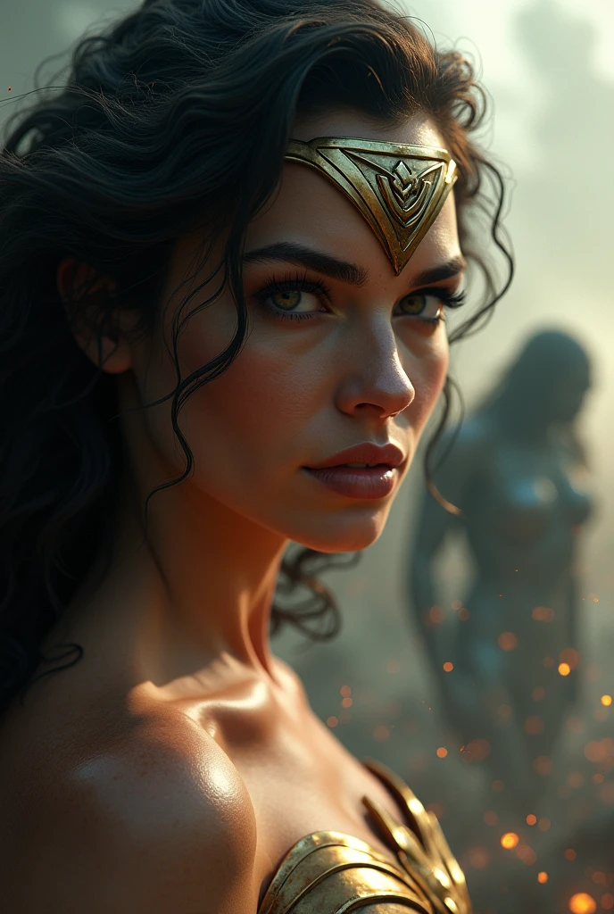 Scene from Movie, Wonder Woman from DC Close-Up, Distorted Space, Distorted Undead in the Background, Lens Flares, Light Shafts, Intricate Details, High Detailed, Volumetric Lighting, 4k Rendering, Stock Photo, Hyper-Realistic, Realistic Textures, Dramatic Lighting, Unreal Engine