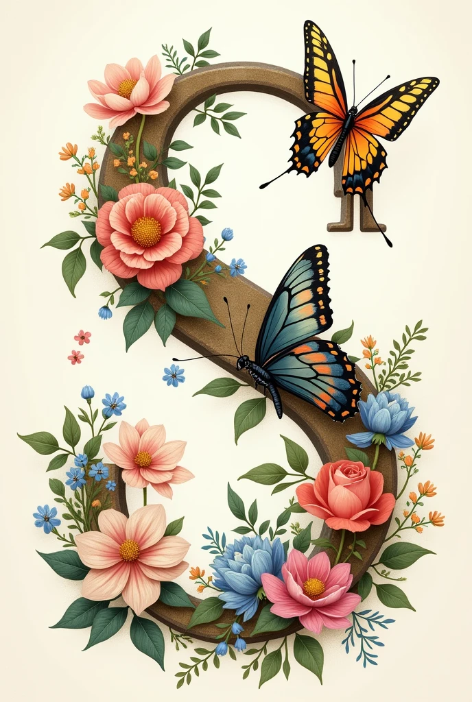 alphabet "s" avec des fleurs & papillon sur fond de portrait