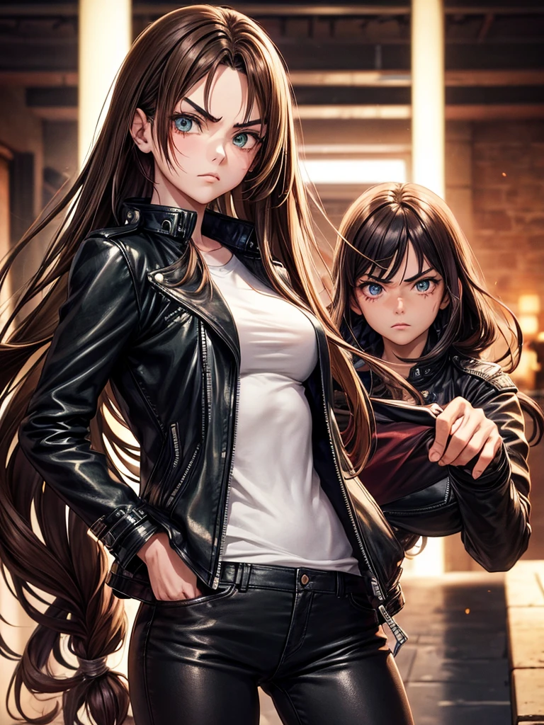 anime woman, 20 year, long hair, brown, greeneyes, serious face, bushy eyebrows, scar on cheek, leather jacket, hands in pockets