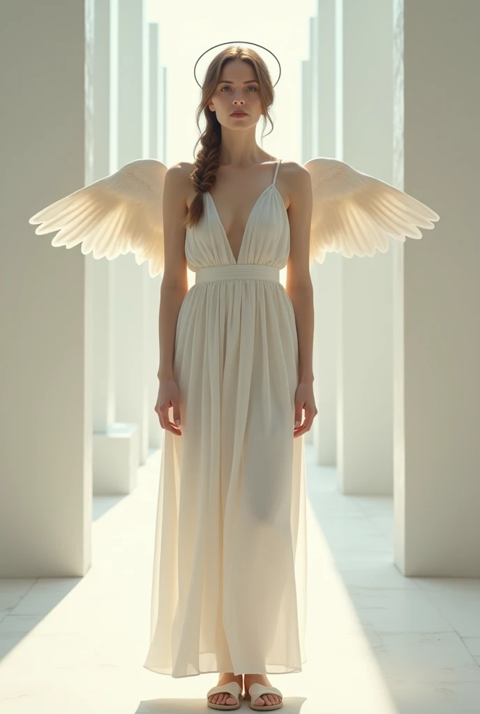 a americanwoman with an Angelic Essence face wearing white Soft Draped Gowns, full body image, standing straight, white sandals, looking at the camera