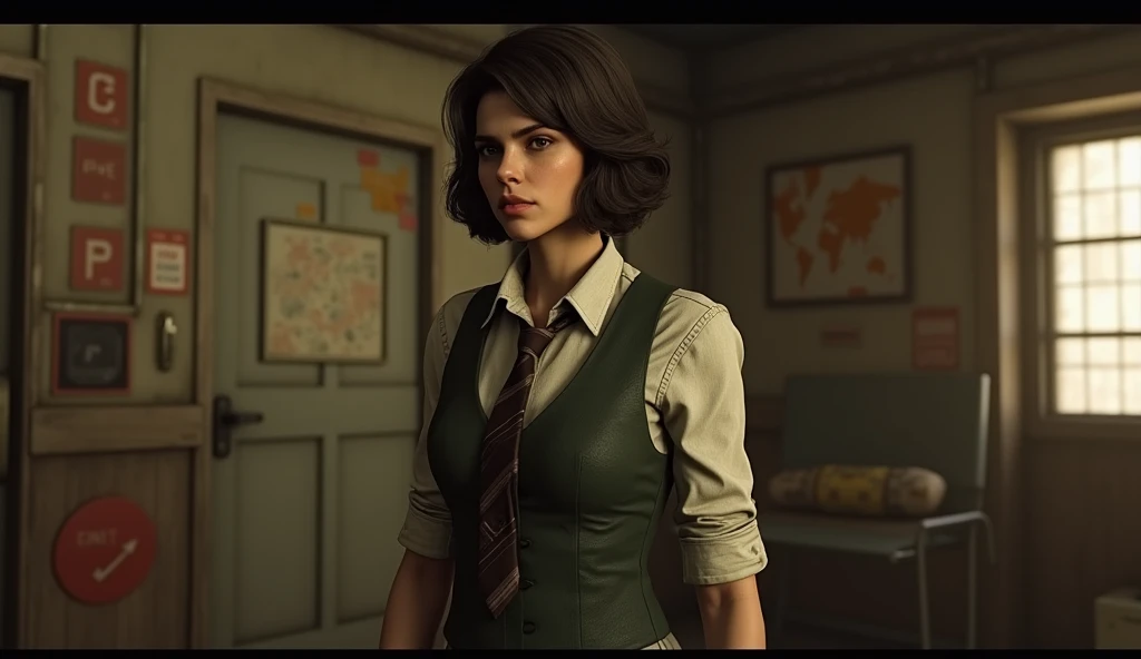 There is a woman in a vest and tie standing in a room, female main character, Styling for Fallout 4, female character, Gordon Freeman as a woman, Adventurer of the 40s, in the nuclear wasteland, solo female character, diesel punk woman, screenshot of &#39;Fallout 4&#39;, screenshot of Fallout 4, inspired by Claire Falkenstein, attractive androgynous humanoid