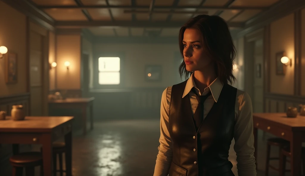 There is a woman in a vest and tie standing in a room, female main character, Styling for Fallout 4, female character, Gordon Freeman as a woman, Adventurer of the 40s, in the nuclear wasteland, solo female character, diesel punk woman, screenshot of &#39;Fallout 4&#39;, screenshot of Fallout 4, inspired by Claire Falkenstein, attractive androgynous humanoid