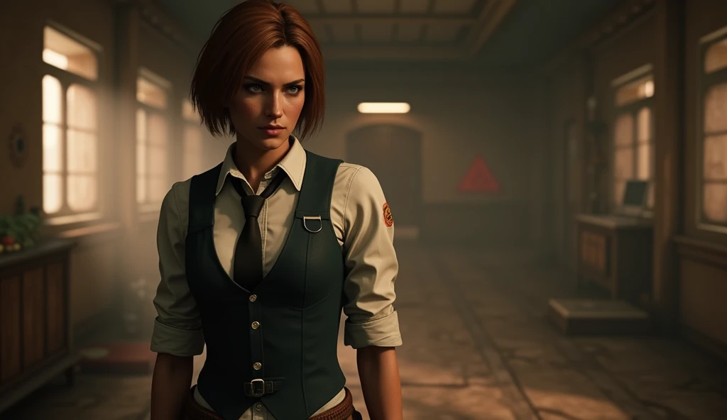 There is a woman in a vest and tie standing in a room, female main character, Styling for Fallout 4, female character, Gordon Freeman as a woman, Adventurer of the 40s, in the nuclear wasteland, solo female character, diesel punk woman, screenshot of &#39;Fallout 4&#39;, screenshot of Fallout 4, inspired by Claire Falkenstein, attractive androgynous humanoid