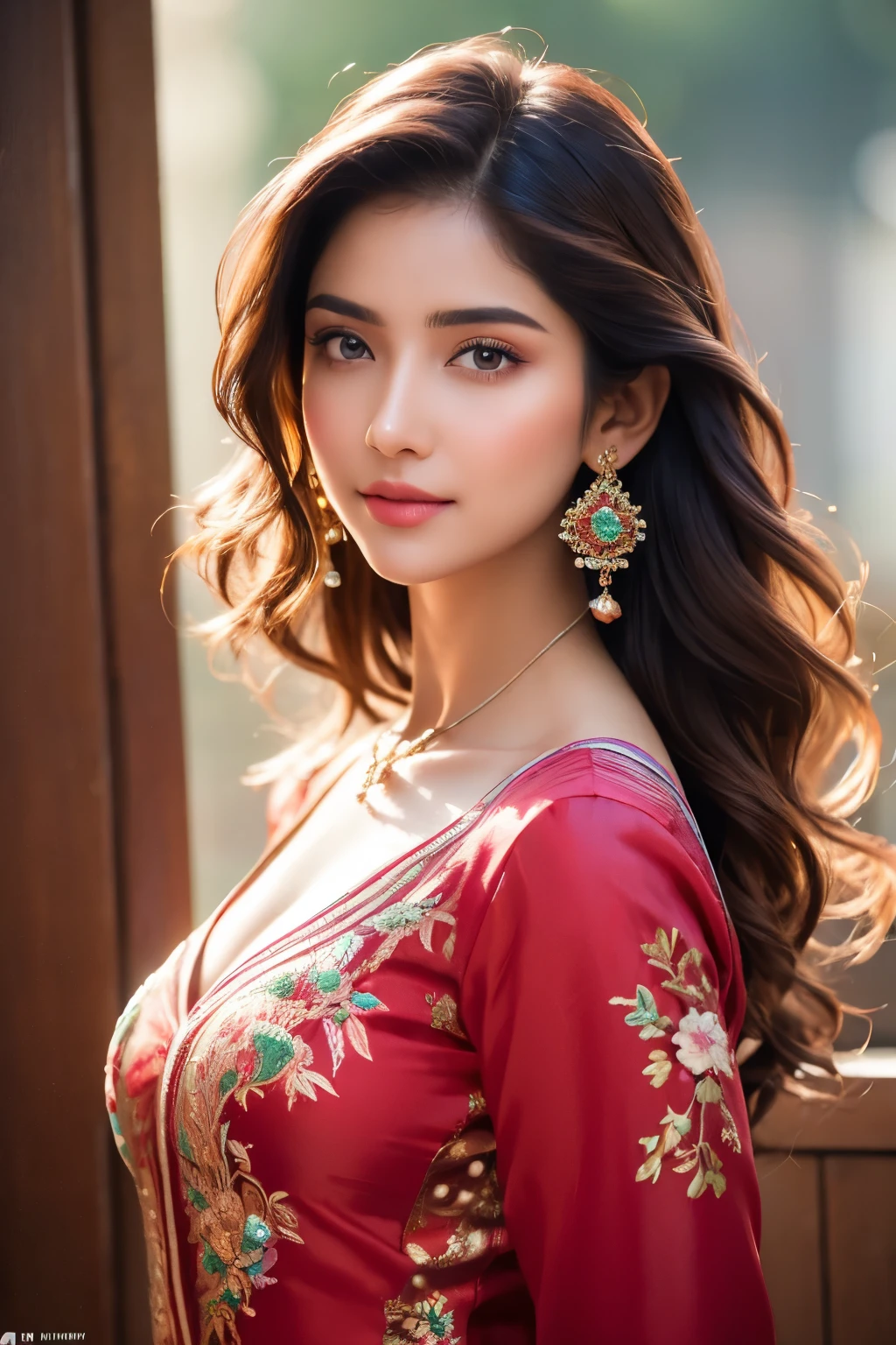 A confident-looking indian with long flowing hair, looking at viewer,hazel eyes, gentle smile, cyber background blue and red light, perfect composition, hyperrealistic, super detailed, 8k, high quality, trending art, trending on artstation, sharp focus, studio photo, intricate details, highly detailed,