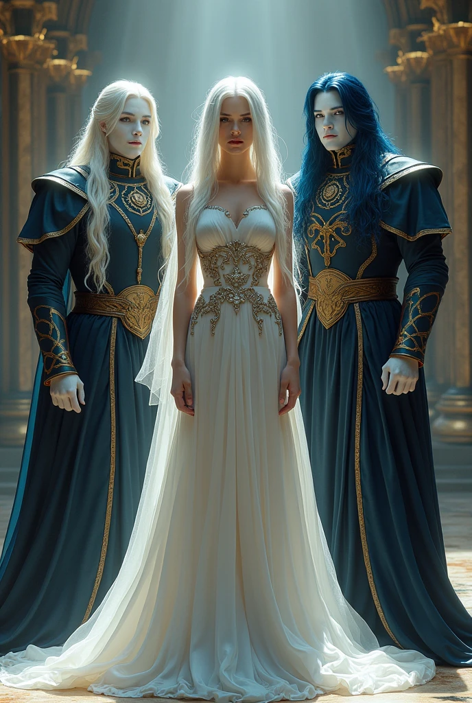 Draw a white-haired princess, to her right a muscular guard with white skin and black hair, and to her left a guard with white skin and midnight blue hair.
