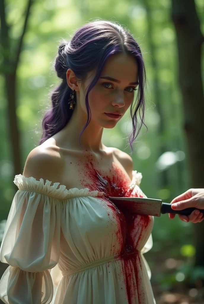 A bloody Ax surrounded by a whip mixed with brambles with red roses