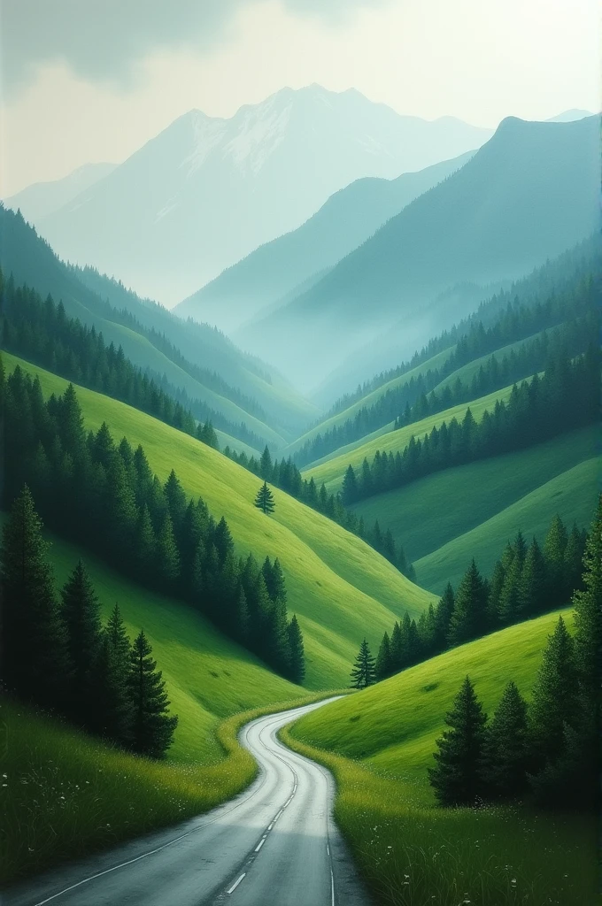 A rough oil painting of a roadside green mountains full of fog