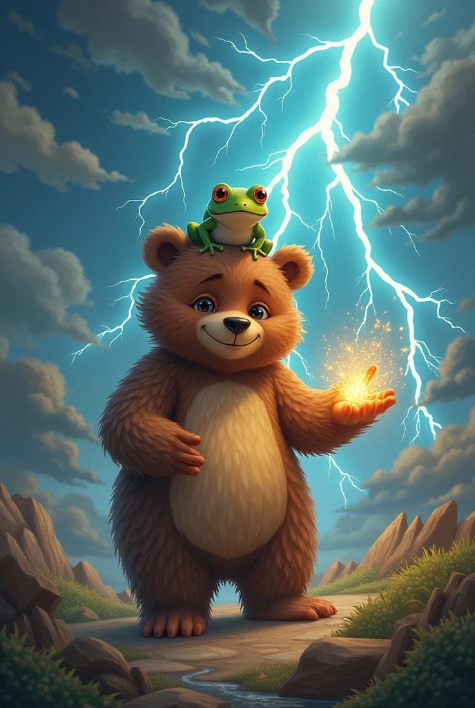 Theme is brown bear, frog and bear are friend, they use magic, in colorful clouds, gigantic lightning, lot of thunder, realistic photo,