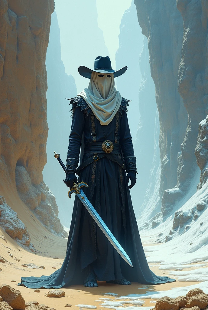 A Hunter in dark clothes (above all) and details with white dragons, a white cloth that covers half of his face and a black cowboy hat. He holds an ice sword and he is between two biomes, a desert of sand and a desert of snow. Their skin is white as snow