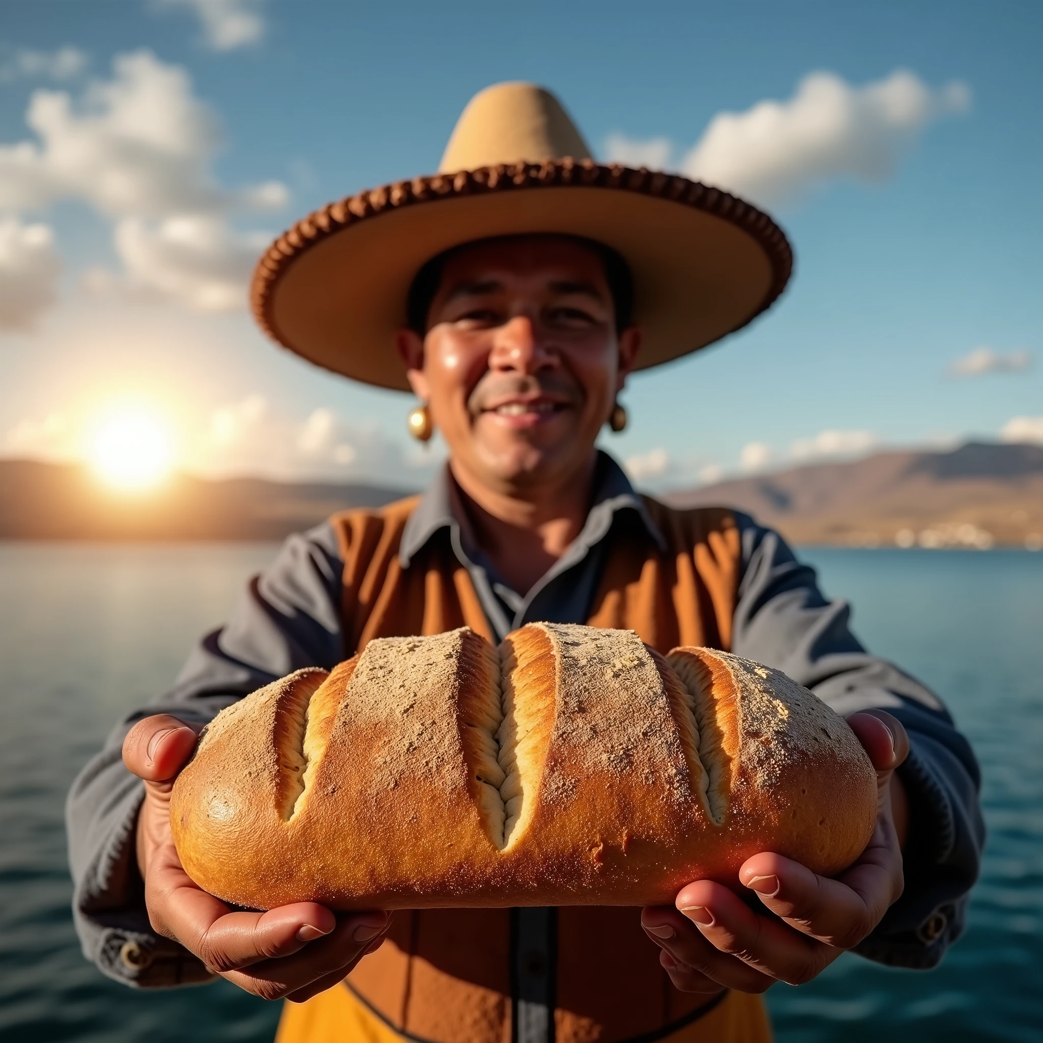 artisanal bread from Puno in Peru for social networks image with the background of Lake Titicaca, baker with indigenous highland chullo presenting the bread, with cloudy and blue sky, sun, with umo on the bread