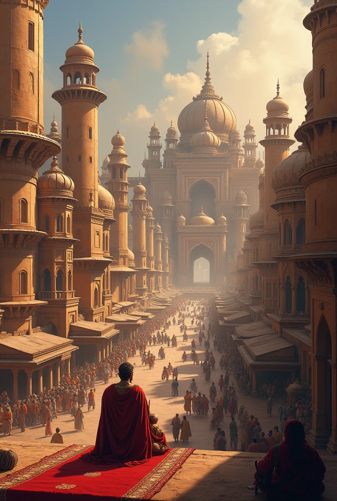 Prithviraj’s Kingdom: "Imagine a vast, majestic kingdom stretching across Rajasthan, Delhi, and Punjab. The capital is a fortified city with towering walls, bustling markets, temples, and palaces, all under the protection of Prithviraj Chauhan, who sits upon his throne, commanding his empire."