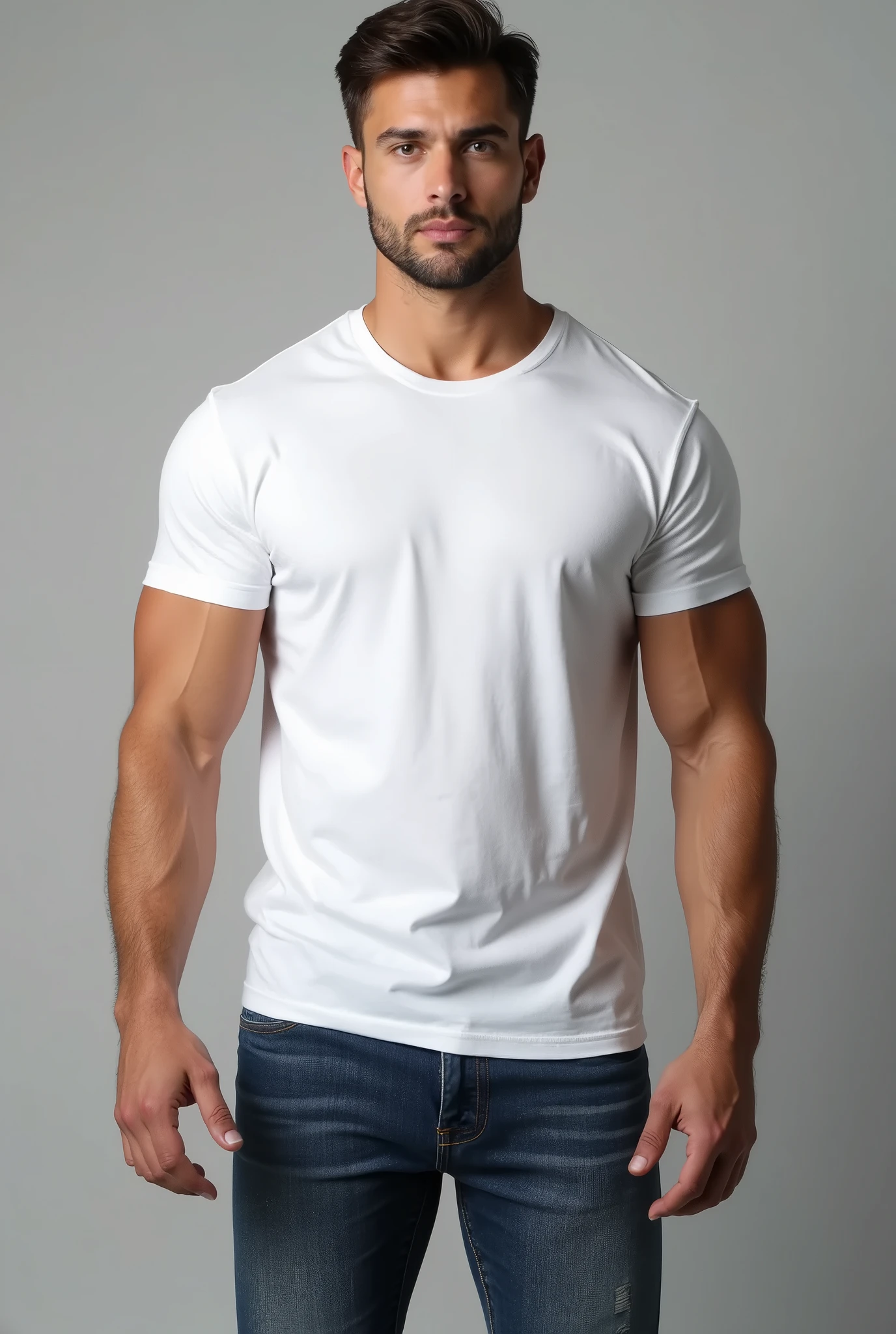 handsome man, standing straight facing forward, with white t-shirt, denim jeans pants, on a grey background, cotton t-shirt texture, fitted t-shirt, round neck, striped tights. Medium camera shot.